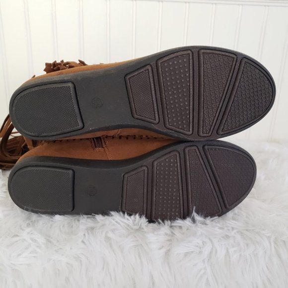 AU Air Underground Womens Moccasin Boot Sz 7 .5 M Chestnut Brown Fringe Mid Calf - Picture 6 of 9